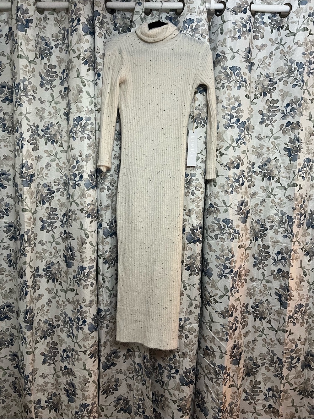 Cream Ribbed Turtleneck Knit Dress